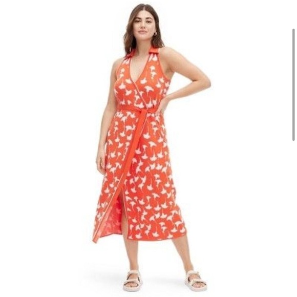 Women's Collared Sleeveless Ginkgo Cherry Tomato Sweaterknit Midi Wrap Dress S - Picture 3 of 4